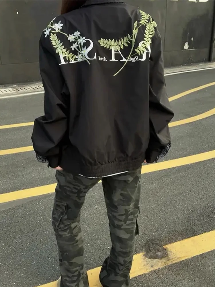 Floral Embroidery Pilot Jacket Men's Autumnal Casual Workwear Coat Stand Collar Baseball Style Fashionable American Brand