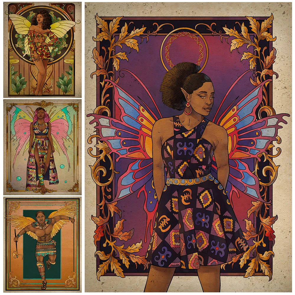 Black Angel Fantasy Art Wall Art Canvas Painting Black Fairy Art  Brown Girl Poster And Print For Living Room Decor Unframed
