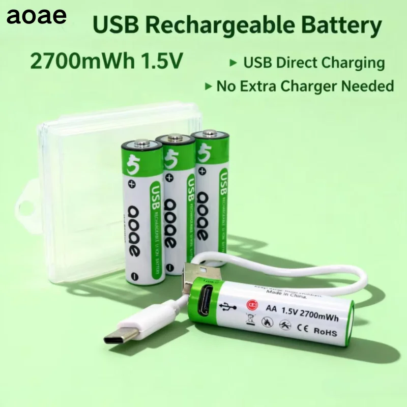 AA Rechargeable Batteries USB Lithium-ion 2700mWh 1.5V AA Rechargeable Batteries+2700mWh 1.5V AA Battery+ Type-C Cable