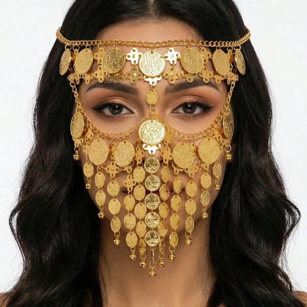 gyptian Gold Color Metallic Coin Bells Tassels Veil Facial Jewelry For Women Nightclub Bar Performance Accessories
