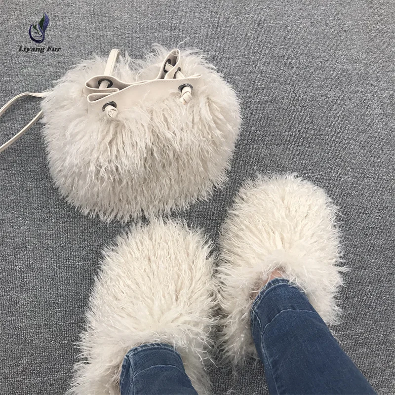 High quality winter fashionable artificial fake tibet wool fur long rolled wool faux ongolian wool fur slipper fur bag set