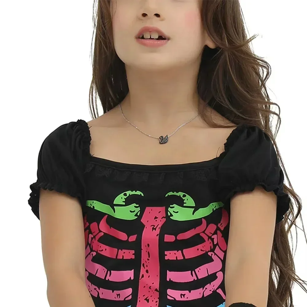 Kinder-Halloween-Hexen-Outfit für Mädchen, farbiges Skelettmuster, Tutu-Kleid, Leggings, Hut, Besen, Halskette, Süßigkeitentasche, Party-Kostüm-Set – Detail 8