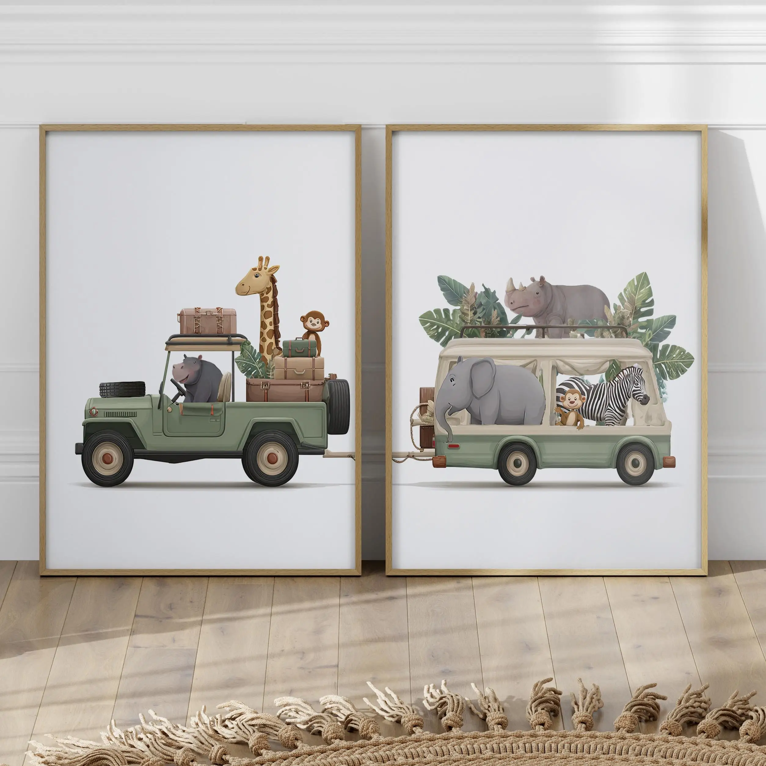 2pcs frameless Canvas Painting Safari Animals Green Truck Adventure Poster Canvas Print Jungle Nursery Wall Art Whimsical Safari