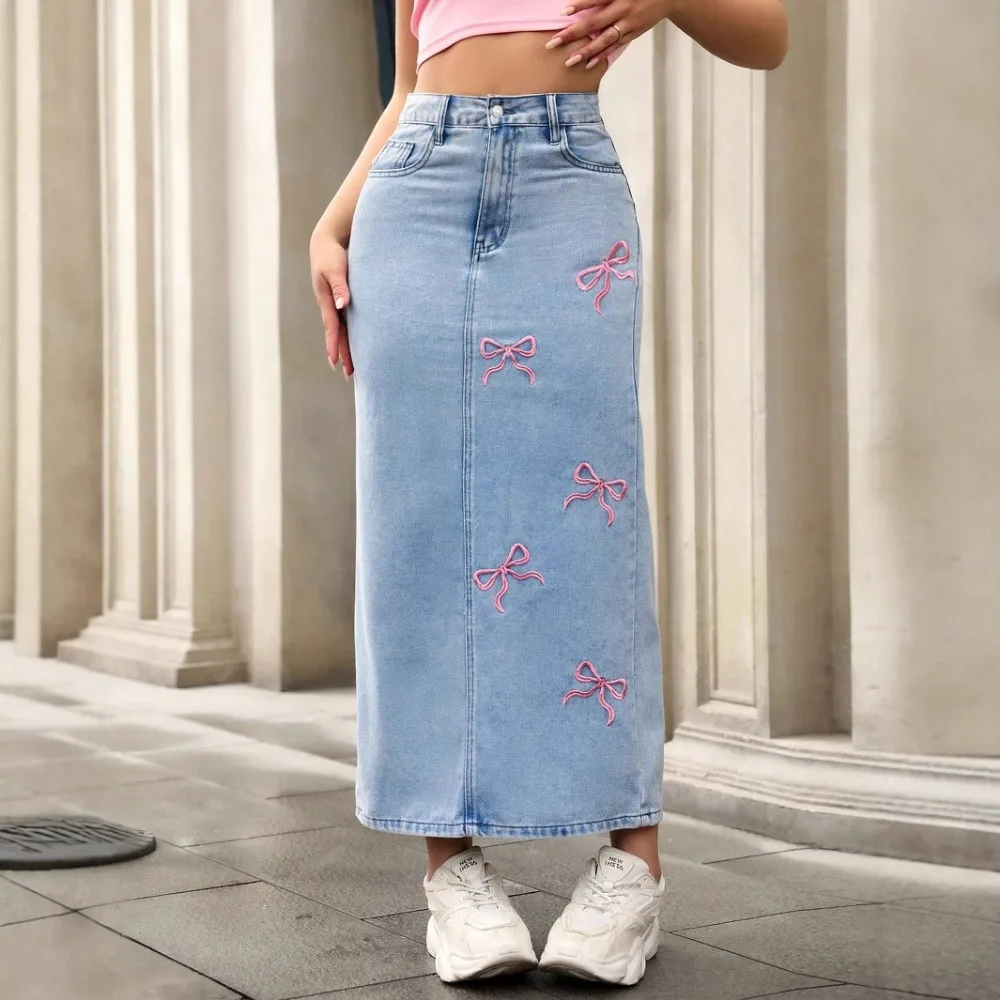 Leopard Print Denim Skirt Women Vintage High Waist Washed Distressed Single Breasted A Line Pockets Long Skirts Streetwear