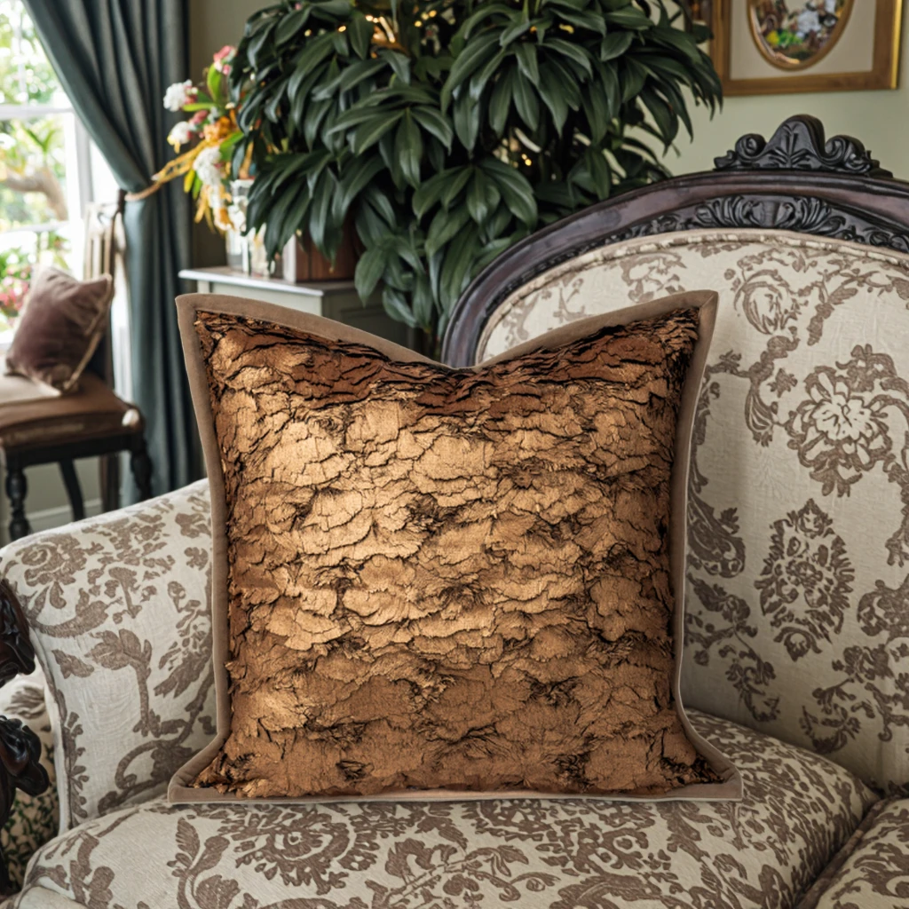 French luxury hotel living room square pillow pad upscale retro brown curry hot gold geometric floral portable function