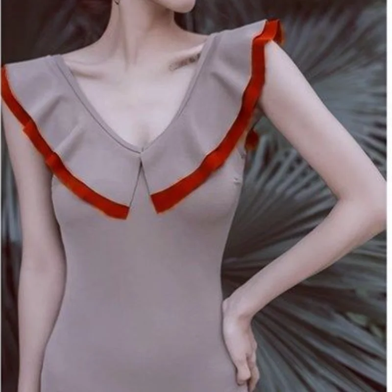 Summer New Korean Version Color Block Backless Ruffles With Chest Pad Without Steel Support Conservative One Piece Swimsuit