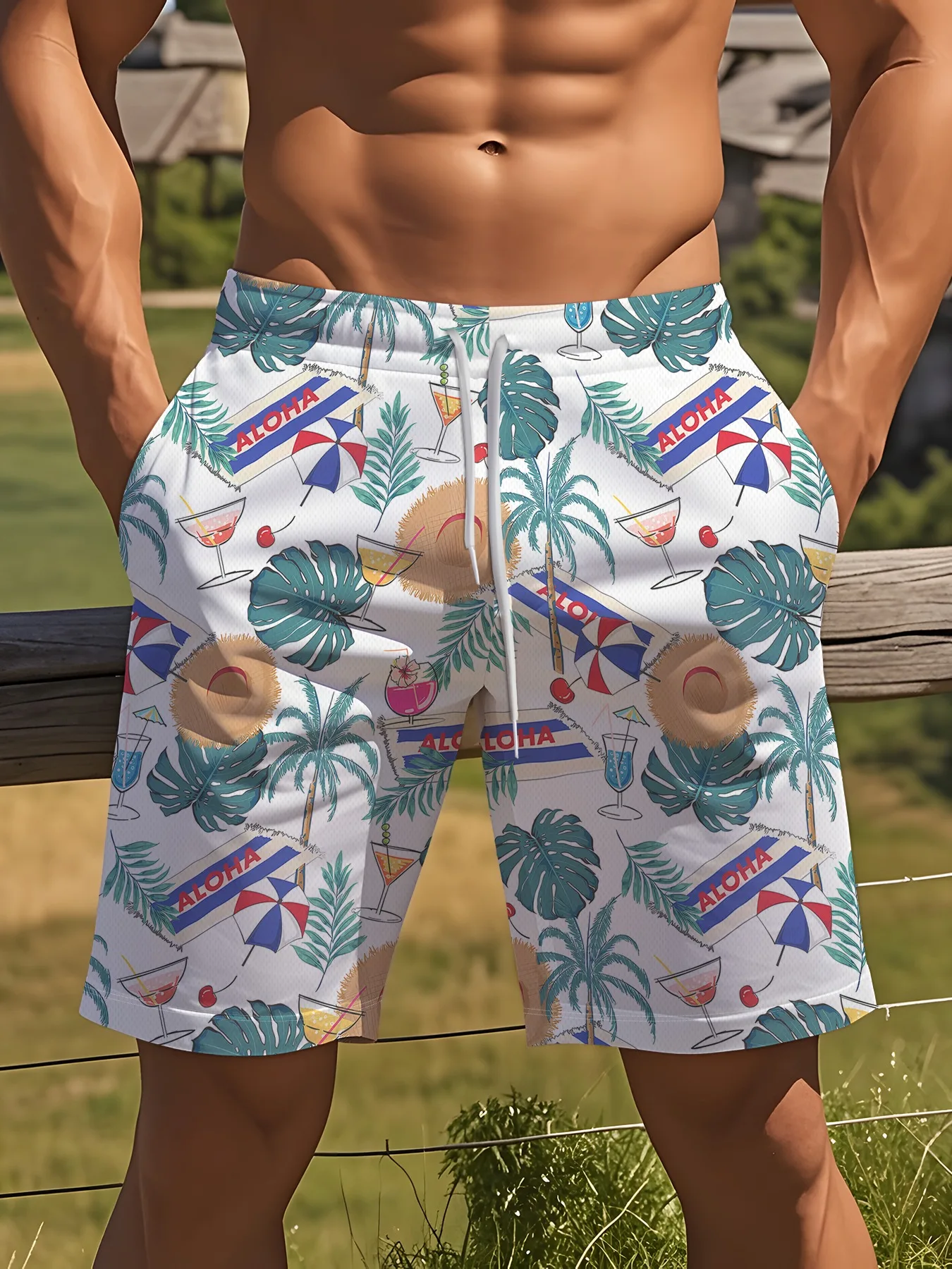 Men's Summer Quick Dry Beach Shorts, White Aloha Tropical Cocktail Palm Tree Print Drawstring Casual Board Shorts with Pockets