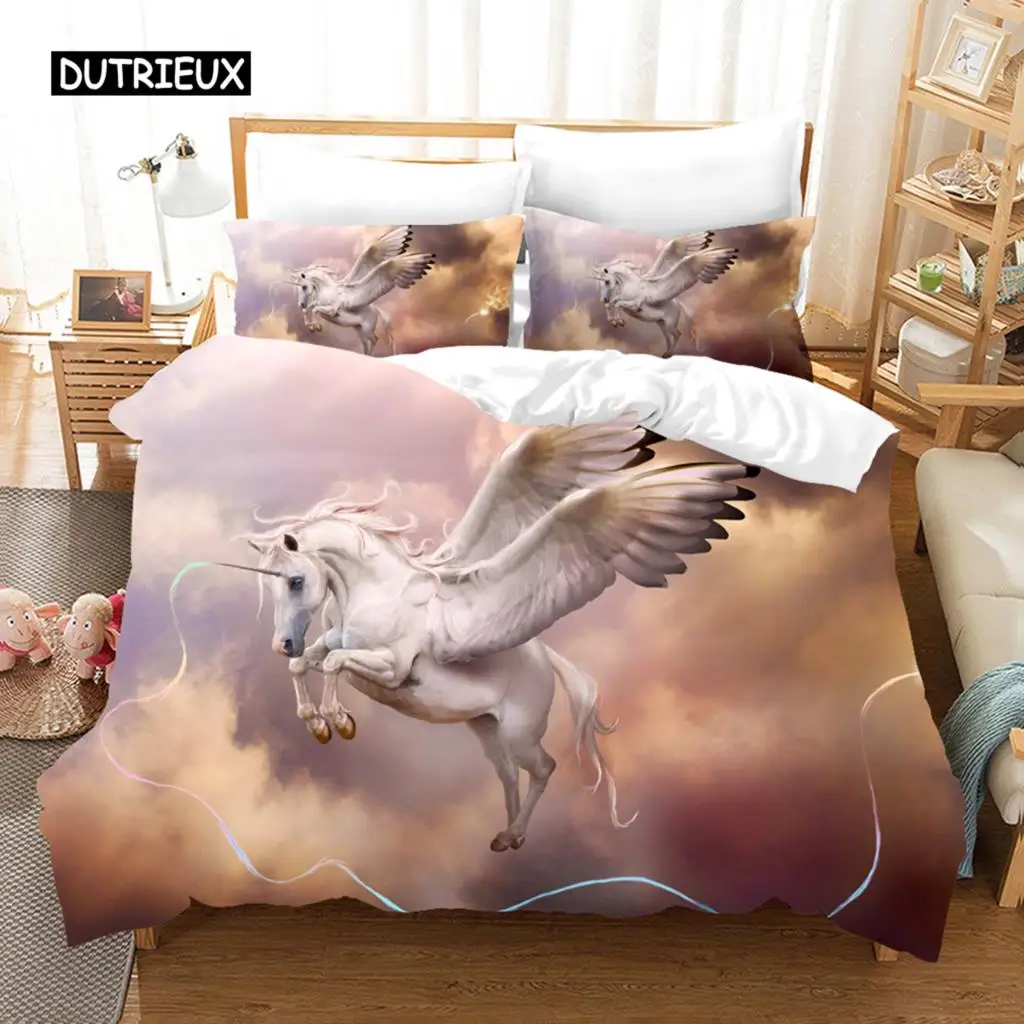 

Pink Duvet Cover Unicorn Fiction Horses Bedding Set Dream Flying Horse For Kid Cartoon Animal Duvet Cover For Bedroom Decoration