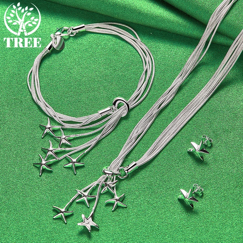 ALITREE 3pcs 925 Sterling Silver Star Chain Necklace Earring Bracelets Set For Women Lady Fashion Party Birthday Jewelry Gift