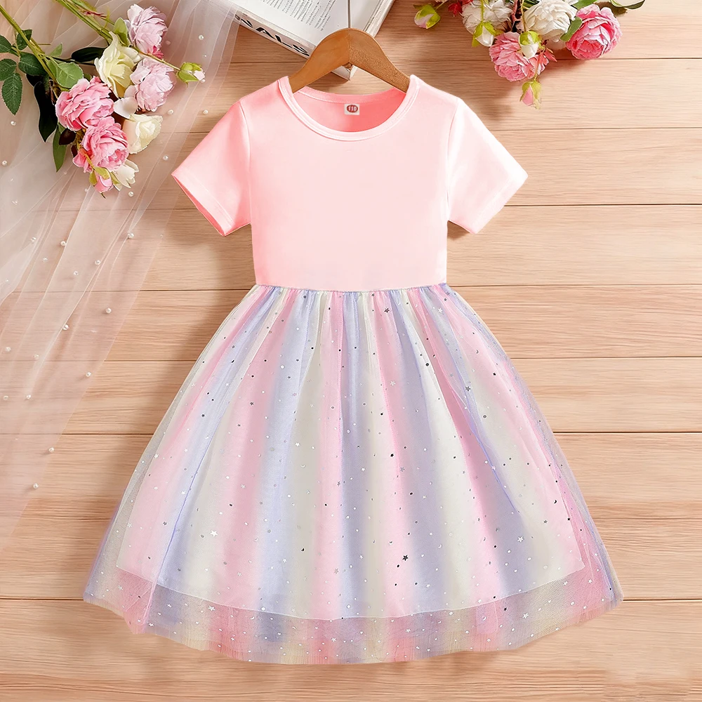 Neues Sommerkleid für Kinder mit kurzen Ärmeln, Prinzessinnenkleid, Kinderkleidung für süße Mädchen, Geburtstagsparty, Regenbogenkleidung, 2-8 Jahre – Detail 2