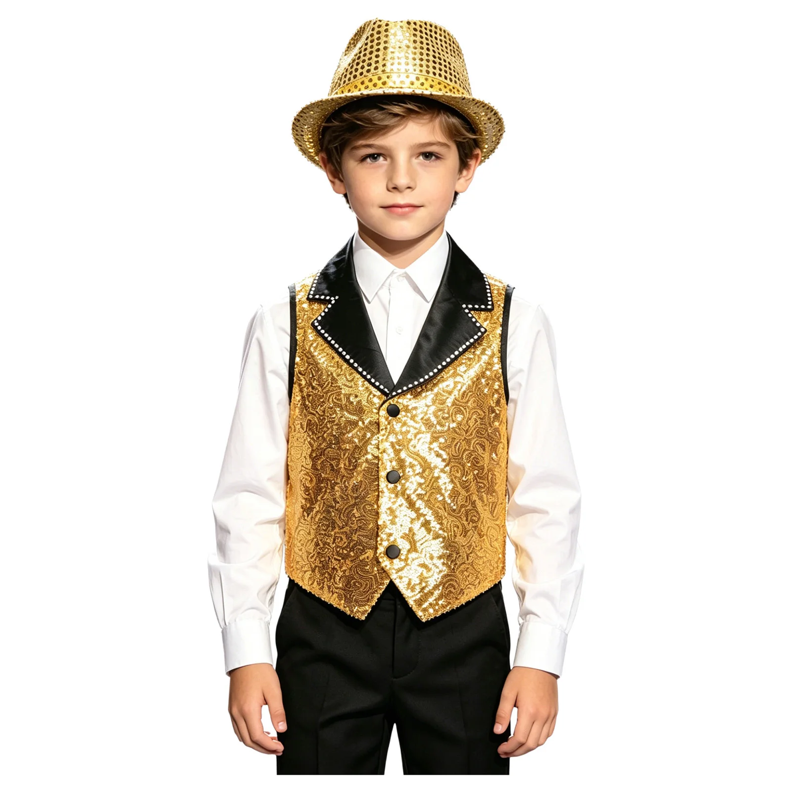 Kids Boys Jazz Hip Hop Dance Outfit Lapel Collar Sleeveless Shiny Sequins Vest Top with Metallic Hat for Disco Party Performance