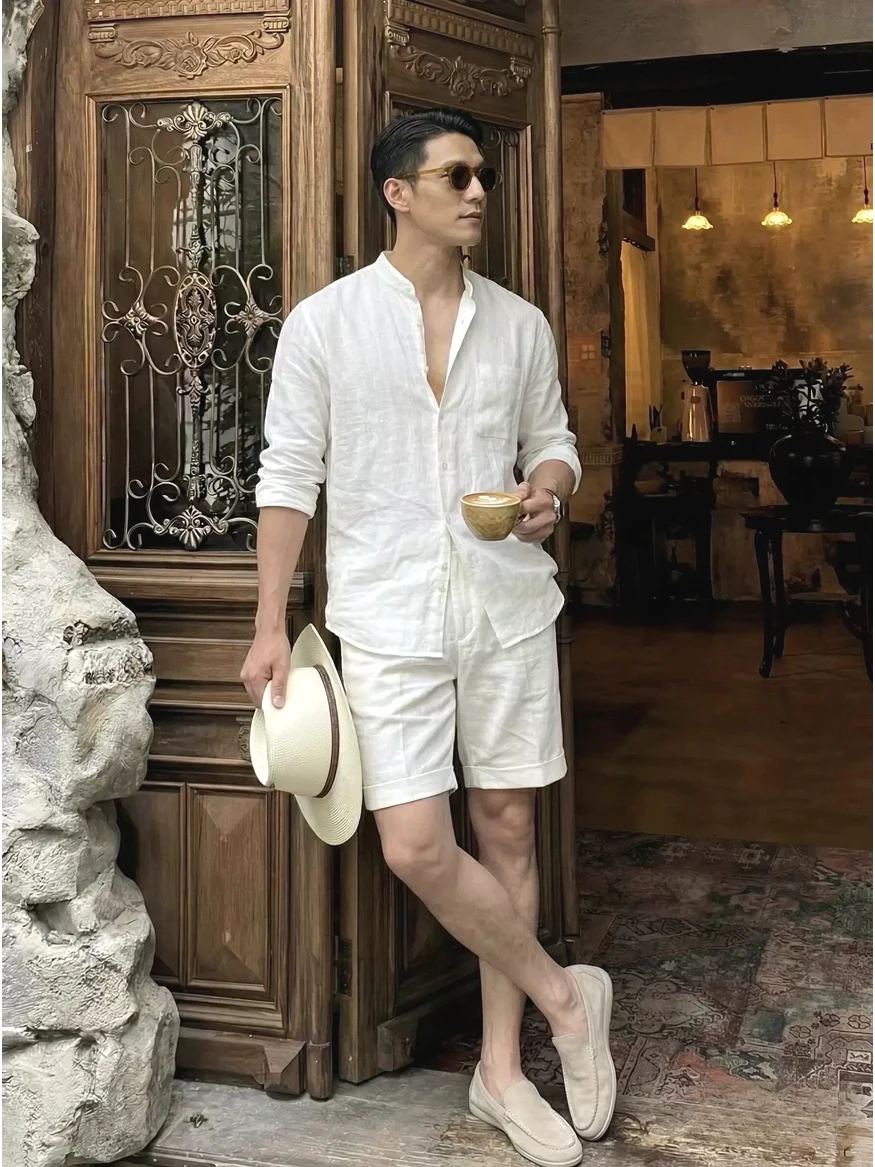 American Style Cotton Linen Shirt Set Men's Classic Stand Collar Long Sleeve Slim Fit Sun Protection Two Piece Set Trendy