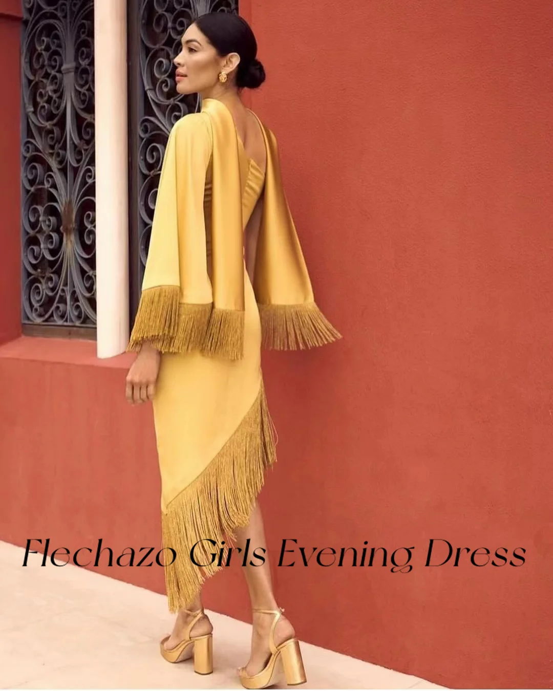 Flechazo Golden Evening Dresses One Shoulder Tea-Length Tassel Formal Party Dress For Women 2024 Saudi Arabia فساتين السهرة