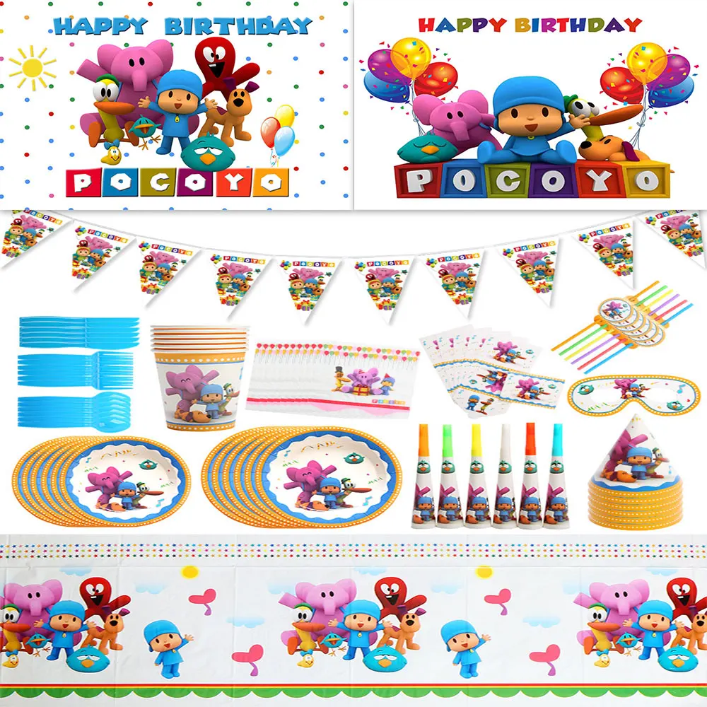 Pocoyó-Decoraciones de fiesta de cumpleaños para niños, vajilla desechable, vasos de papel, mantel, globos para niños, Baby Shower