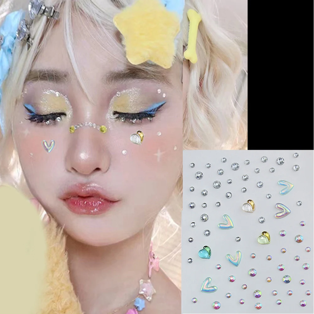

1PC Mixed Styles 3D Face Jewelry Disposable Tattoo Stickers Crystal Bowknot Heart DIY Eyes Face Body Rhinestones Kpop Makeup Art