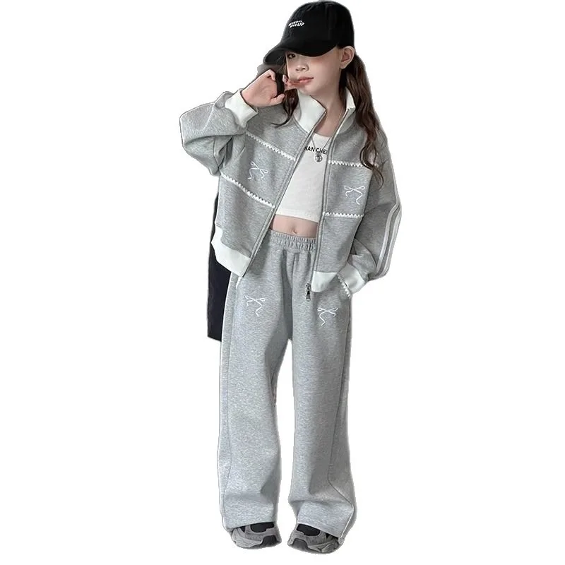 UNITIM Herbst Kinder Mädchen 2-teiliges Kleidungsset Schleifendruck 4-14 Jahre Kinder Mädchen Reißverschluss-Mäntel Anzüge Lose Junior Mädchen Hosen Outfits – Detail 6