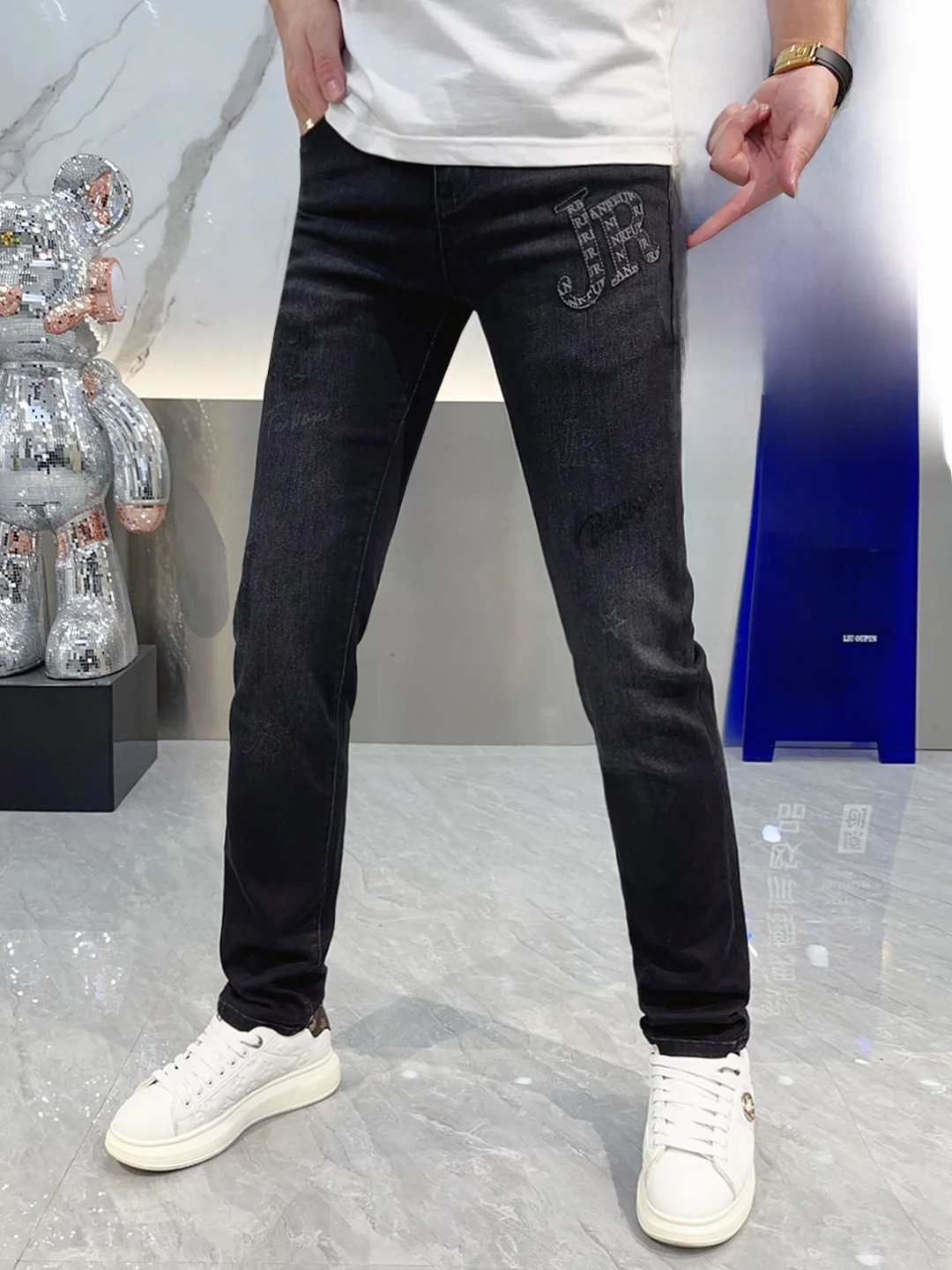 

Men's Slim Fit Casual Jeans High Elastici Letter Embroidery Trendy Brand Versatile Comfortable Breathable Soft Durable