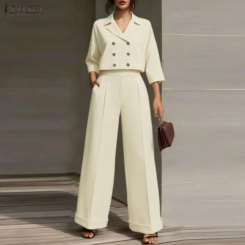 

Летний комплект 2026: Модный женский костюм ZANZEA из 2 предметов – укороченная рубашка с отложным воротником и коротким рукавом, брюки с широкими штанинами