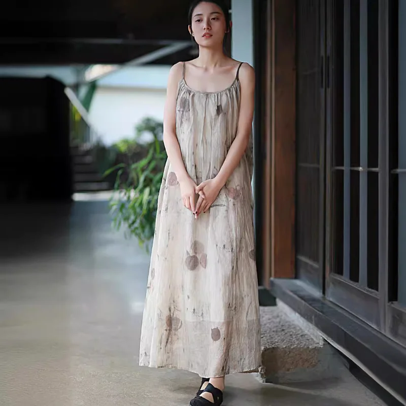 2025 Spring/Summer New Large Swing Skirt with Leaf Dyeing, Plant Dyeing, Tencel Wrinkle Strap Skirt, Clear Cold Wind Skirt