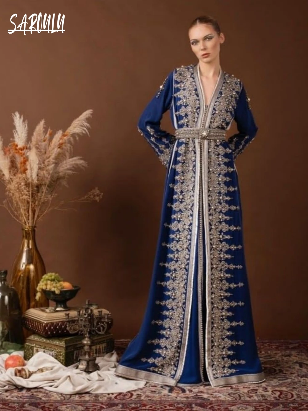 Caftan Exquisite V-neck Evening Dresses Modest A-line Bridal Dress Kaftan Beading Appliques Floor-length Gown Robe De Mariée