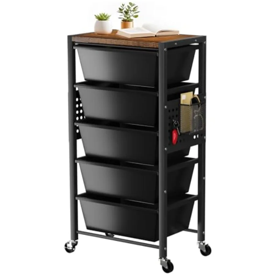 Rolling Cart with 5 Drawers Plastic Drawer Storage Carts with Wheels Wooden Tabletop Metal Utility Cart with Pegboards Office L