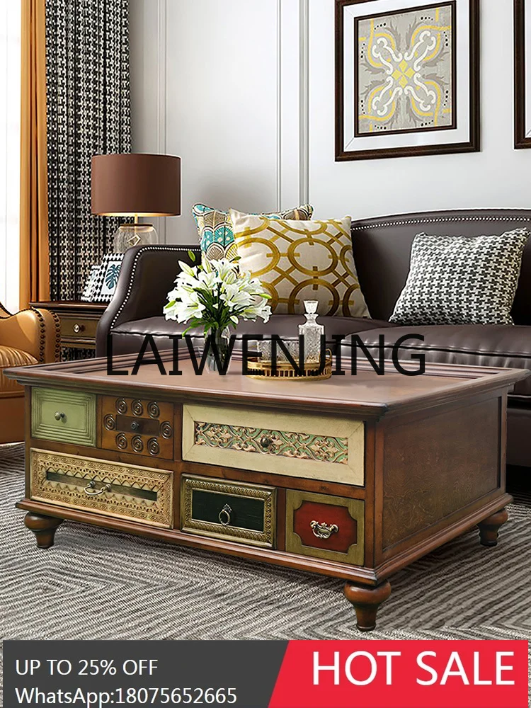 American-Style Retro Coffee Table Solid Wood Double-Sided Living Room Storage Storage Tea Table Baroque Classical Low Table