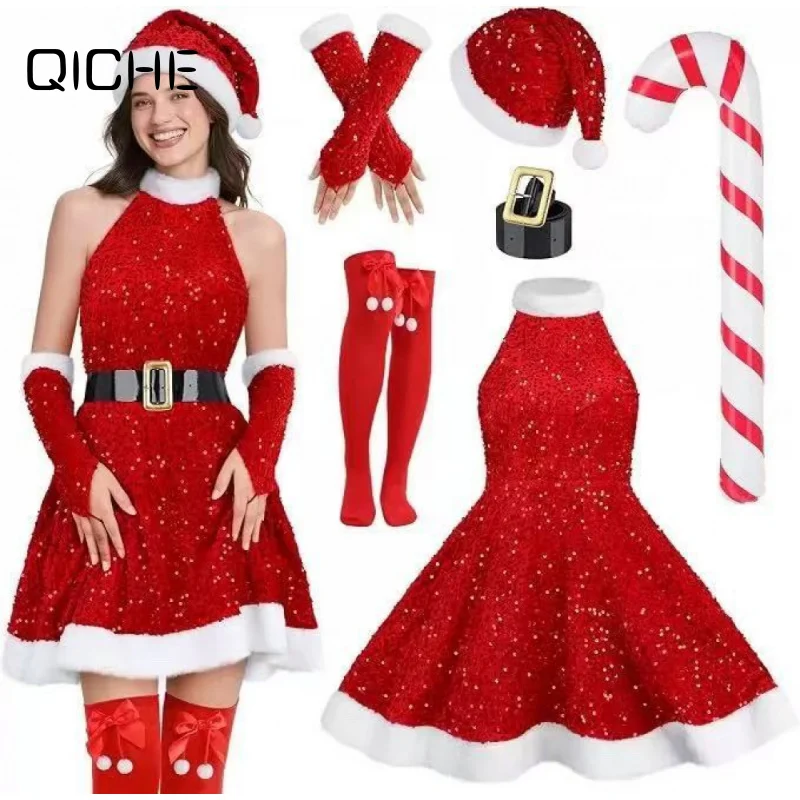 QICHE 2026 Adult Women Christmas Elf Outfit, Green Sequin Dress Set with Hat Elf Ears Belt Socks and Shoes