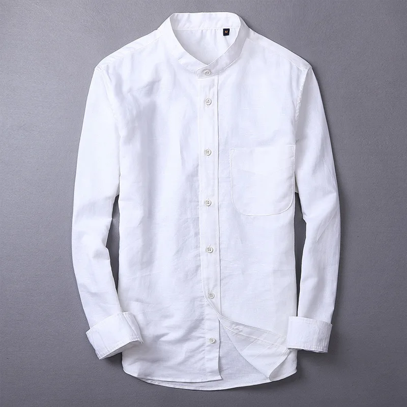 Harajuku Men's  Stand Collar Linen Shirt Long Sleeve Casual Button Down Cotton Linen Shirts Band Collar Beach Sold Color Shirt
