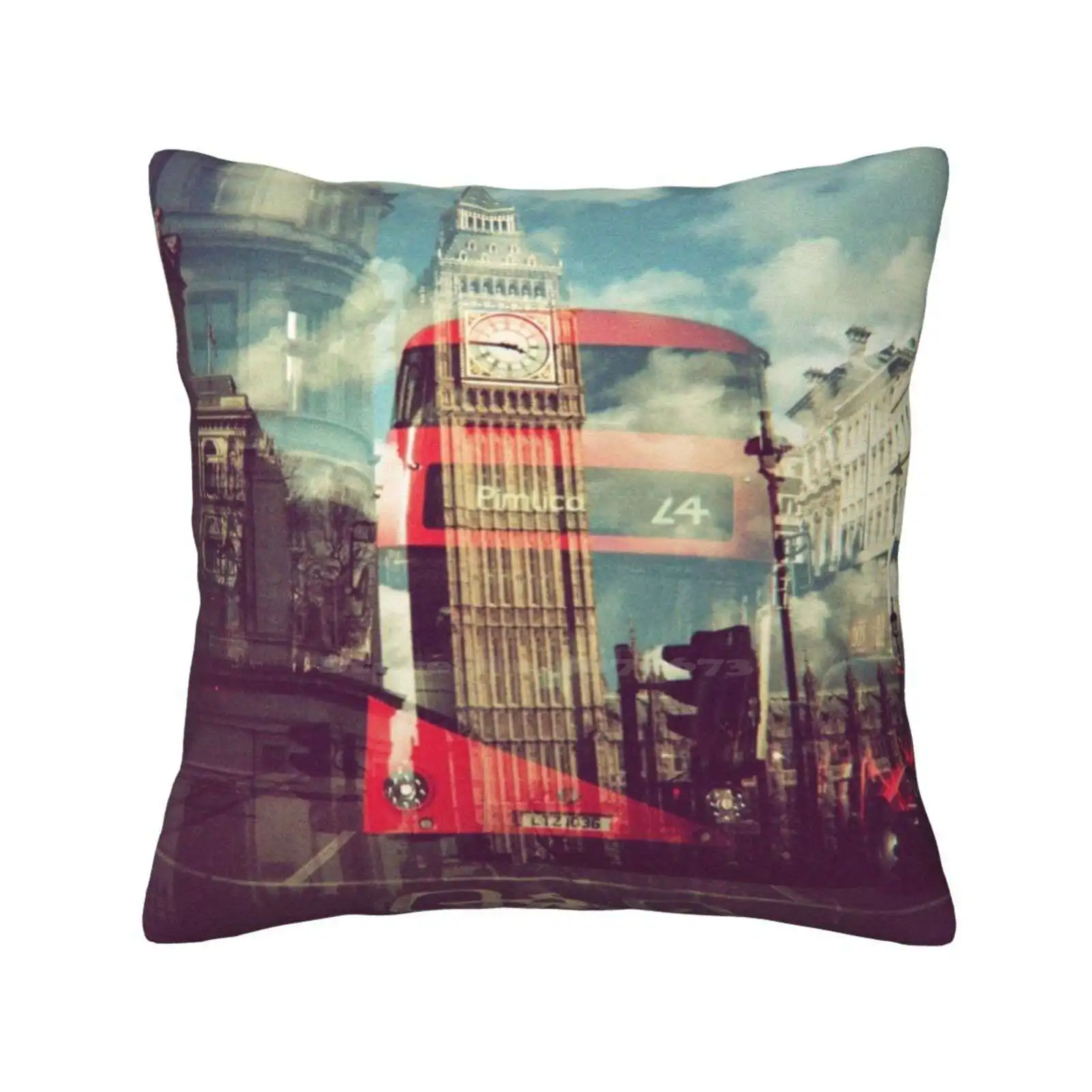 Nowhere Like London Home Sofa Car Cushion Cover Pillowcase London England Film Holga Double Exposure Big Ben Bus Double Decker