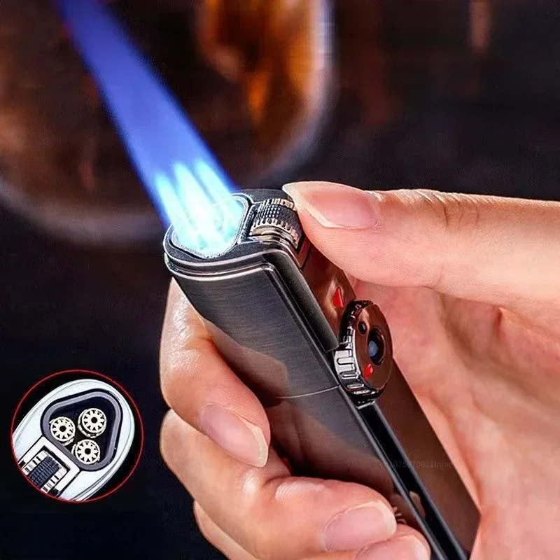 Jobon Torch Lighter Powerful Three Straight Blue Flame Grinding Wheel Windproof Cigar Lighter Turbo Spray Gun Men's Gadgets view 3