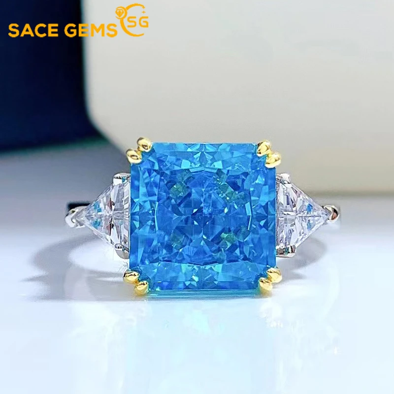 

SACE GEMS 100%925 Sterling Silver Aquamarine Wedding Rings for Women Sparkling High Carbon Diamond Engagement Party Fine Jewelry