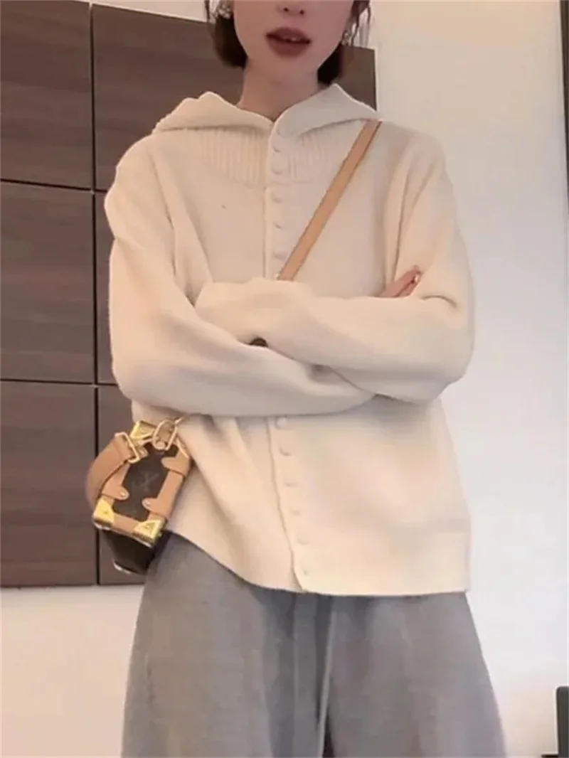 سترة بقلنسوة للنساء الخريف والشتاء كسول نمط لينة والغربية نمط سترة مشغولة من الصوف الراقية الشعور ملابس خارجية