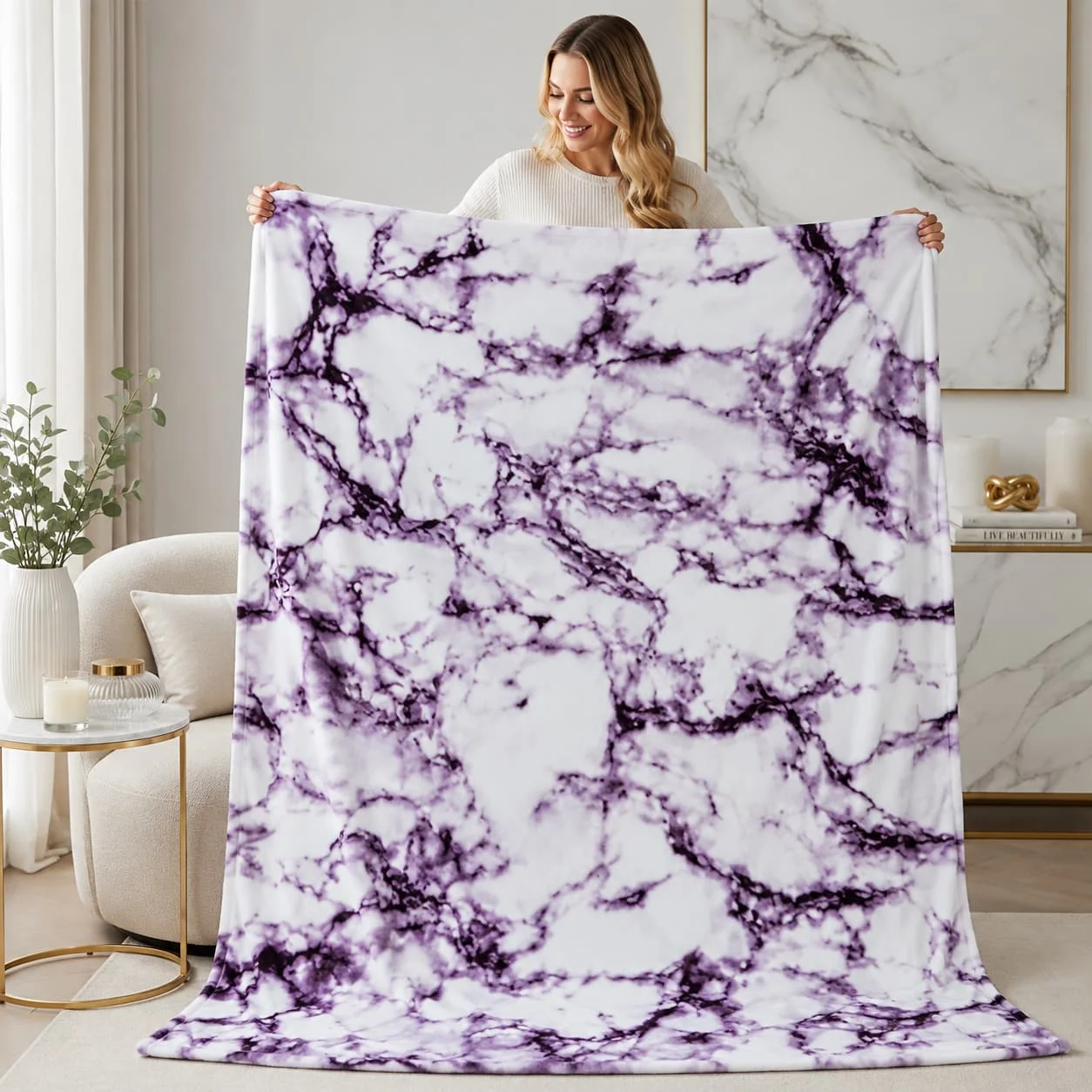 1pc Marble Pattern Flannel Blanket |   Contemporary Style, Polyester, Machine Washable, Suitable for All Seasons, Ideal for Bedroom and Living Room Decor