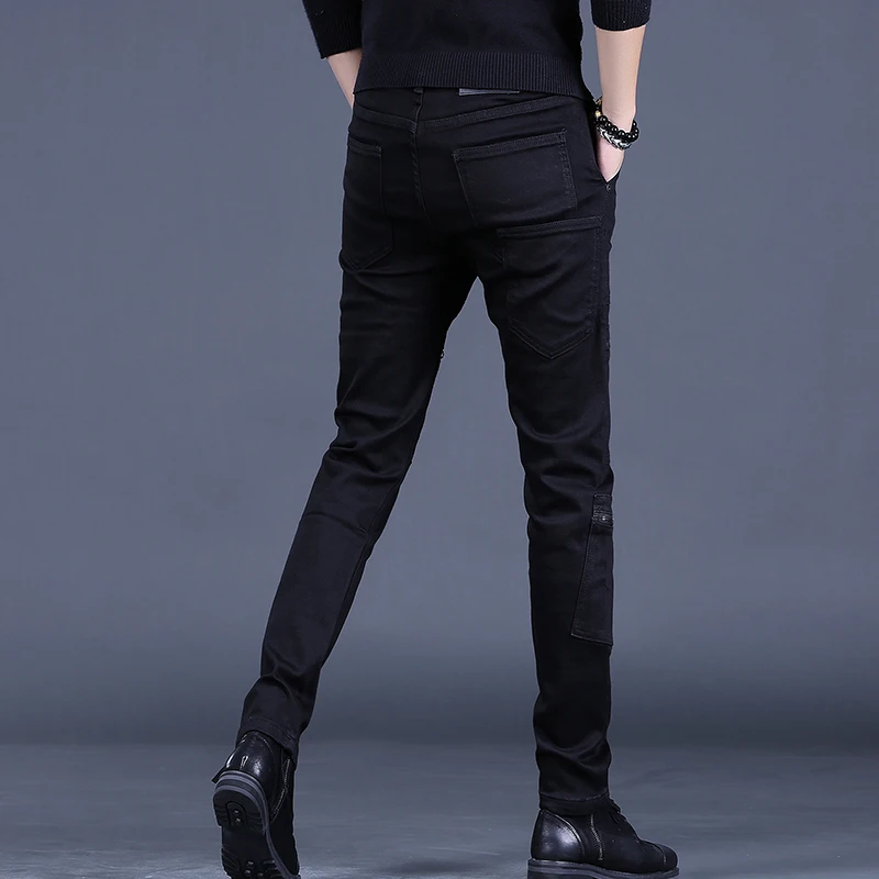 Autumn Zipper Black Jeans Men Multiple Pockets Slim Fit Straight Pants Streetwear Casual Stretch Denim Trousers