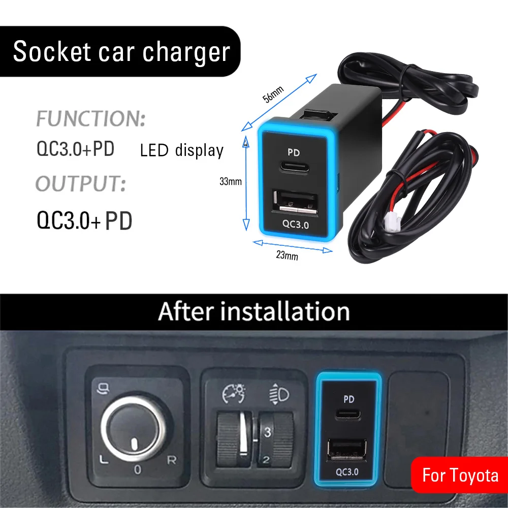 USB C Auto Ladegerät Typ C PD QC 3,0 Dual USB Schnelle Ladegerät Buchse 12V Telefon Lade Power Adapter steckdose Für Toyota – Detail 2