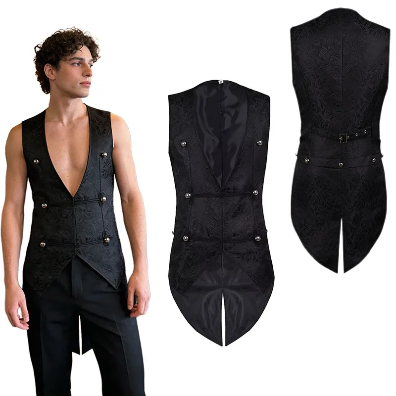 Men's Renaissance Cosplay Medieval Pirate Waistcoat Vest Vintage Vicotiran Steampunk Jacquard Swallowtail Top Noble Costume New
