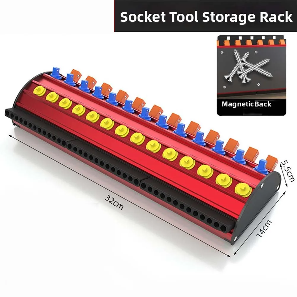 Aluminum Socket Organizer with Strong Magnets for 1/4 3/8 1/2 Inch Sockets and Bits Compact Workshop Storage 32x14x5.5cm Red