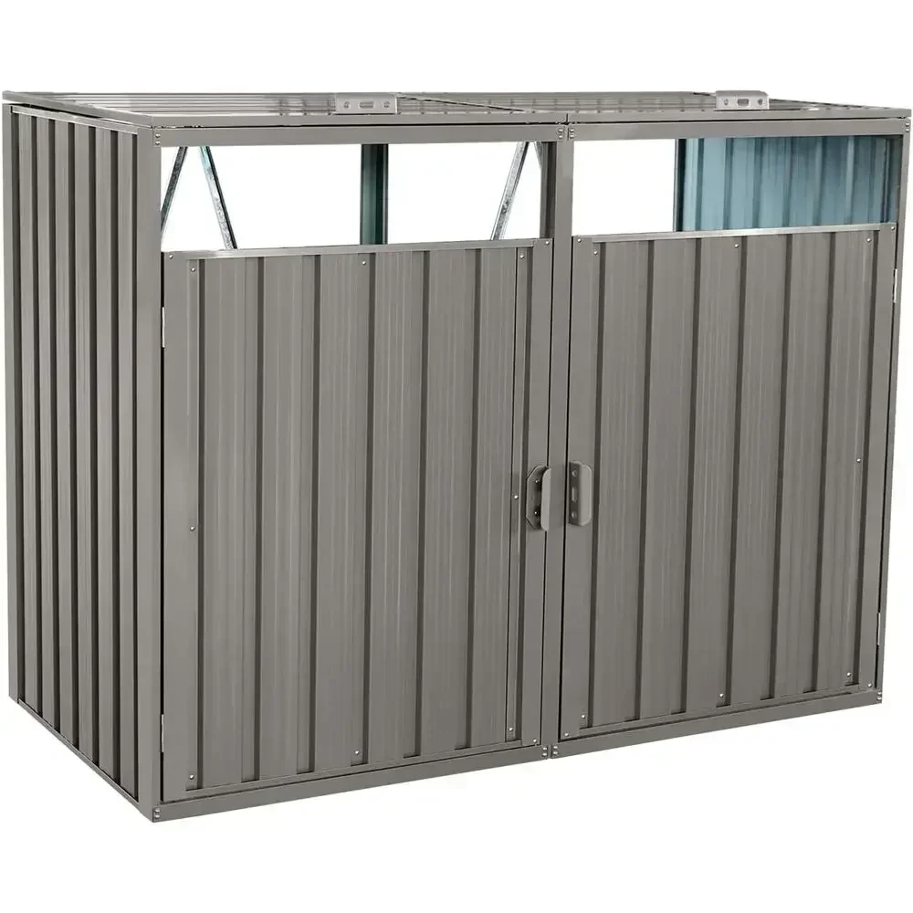 Galvanized Steel Outdoor Trash Bin Storage Shed, 2-Door, Light Grey for Garden and Yard
