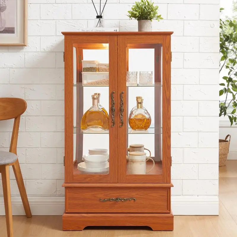 

Lighted Glass Curio Cabinet with Adjustable Shelves, 2-Door Display Cabinet & Built-in Drawer, Dark Oak Finish, Includes Bulb