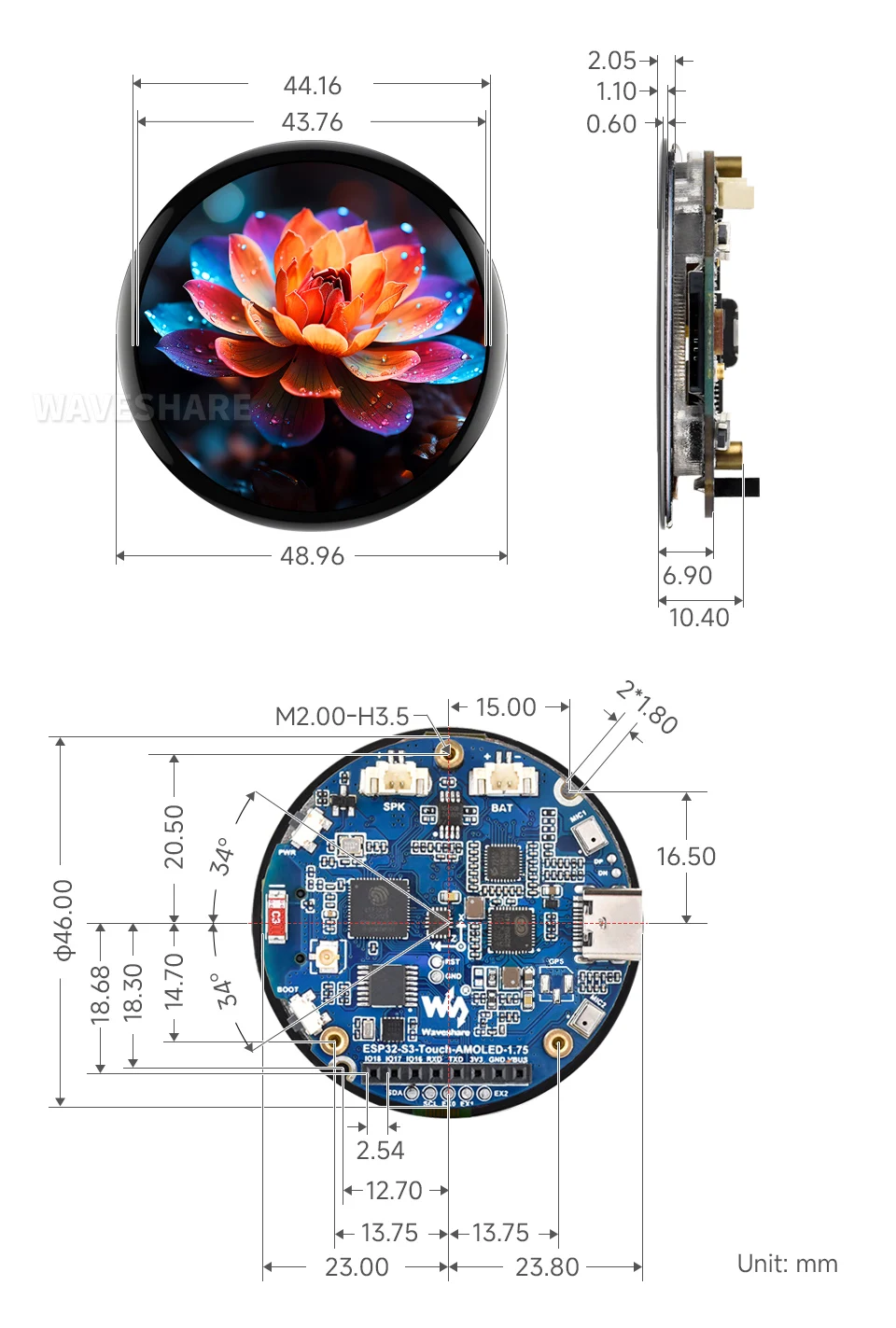 ESP32-S3 1.75inch AMOLED Round Touch Display Development Board, 32-bit LX7 Dual-core Processor, 466×466 Pixels, QSPI Interface