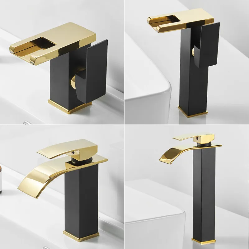 Copper Waterfall Basin Wash Basin Faucet Bathroom Bathroom Counter Basin Black and Gold Hot and Cold Water Faucet  Mixer Faucet