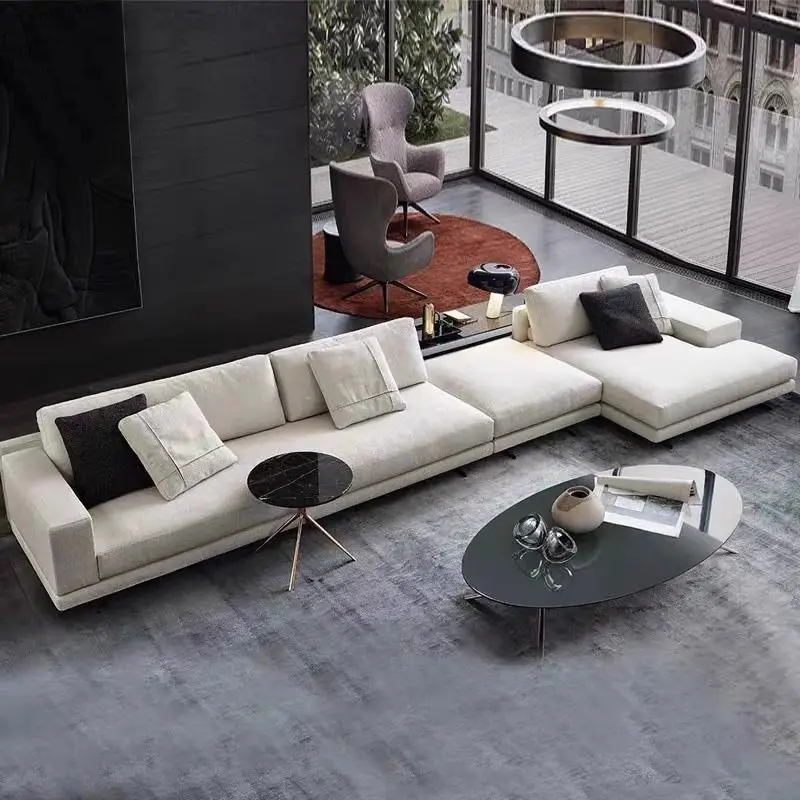 Italian Minimalist Mondrian Mondrian Cotton and Linen Fabric Leather Combination Living Room Corner Light Luxury Large Flat Sofa