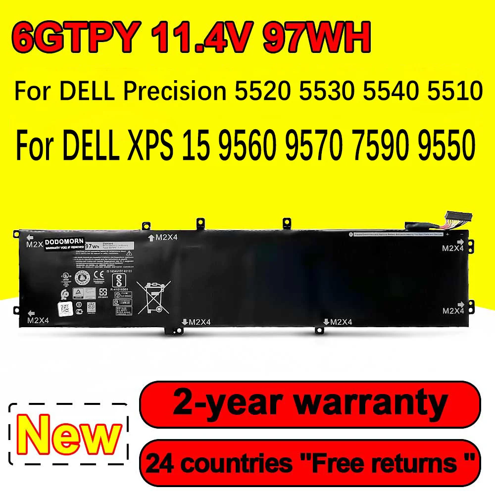 New 6GTPY 11.4V 97WH Laptop Battery For DELL XPS 15 9570 9560 7590 For DELL Precision 5520 5530 Series Notebook