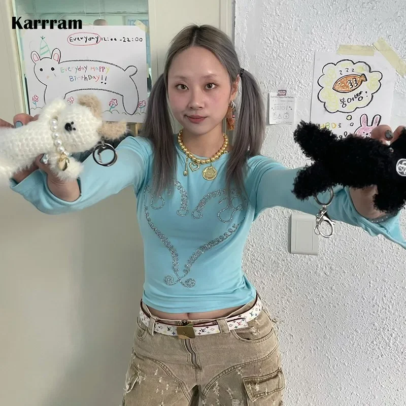 Karrram Japanese Y2k Diamond Crop Top 2000s Aesthetics Long Sleeve T-shirt Harajuku Vintage Ribbed Tops Kawaii Korean Popular