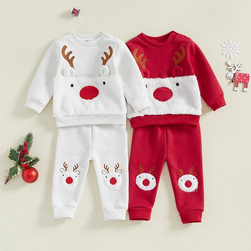 Toddler Baby Boy Girl Christmas Outfits Reindeer Long Sleeve Pullover Tops Sweatshirt Pants Set Xmas Clothes Sets