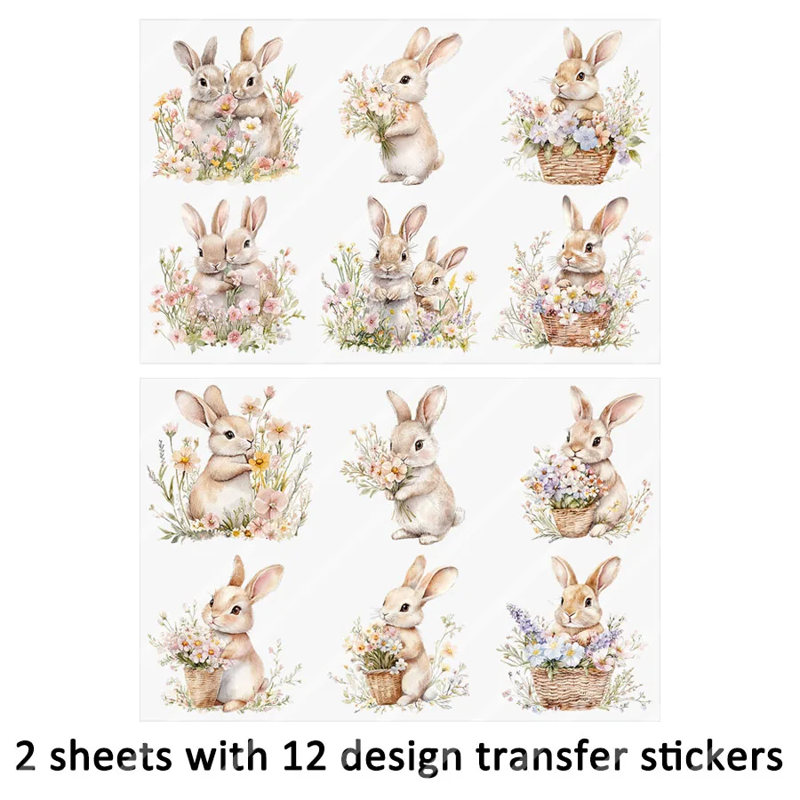 2pcs Spring Bunnies Floral Easter DIY UV DTF Rub On Glass Cup Wrap Transfer Sticker Crafts Mug Bottles Greeting Cards Decor