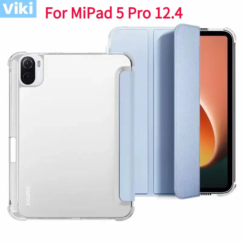 Transparent Soft TPU Smart Case for Xiaomi MiPad 5 Pro 2022 12.4 Inch with Pencil Holder Auto Wake Sleep Casing Cover