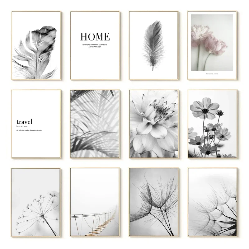 

Black and White Flower Posters Print Fresh Canvas PaintingWall Art Feather Dandelion Pictures Living Room Decoration Wall Decor