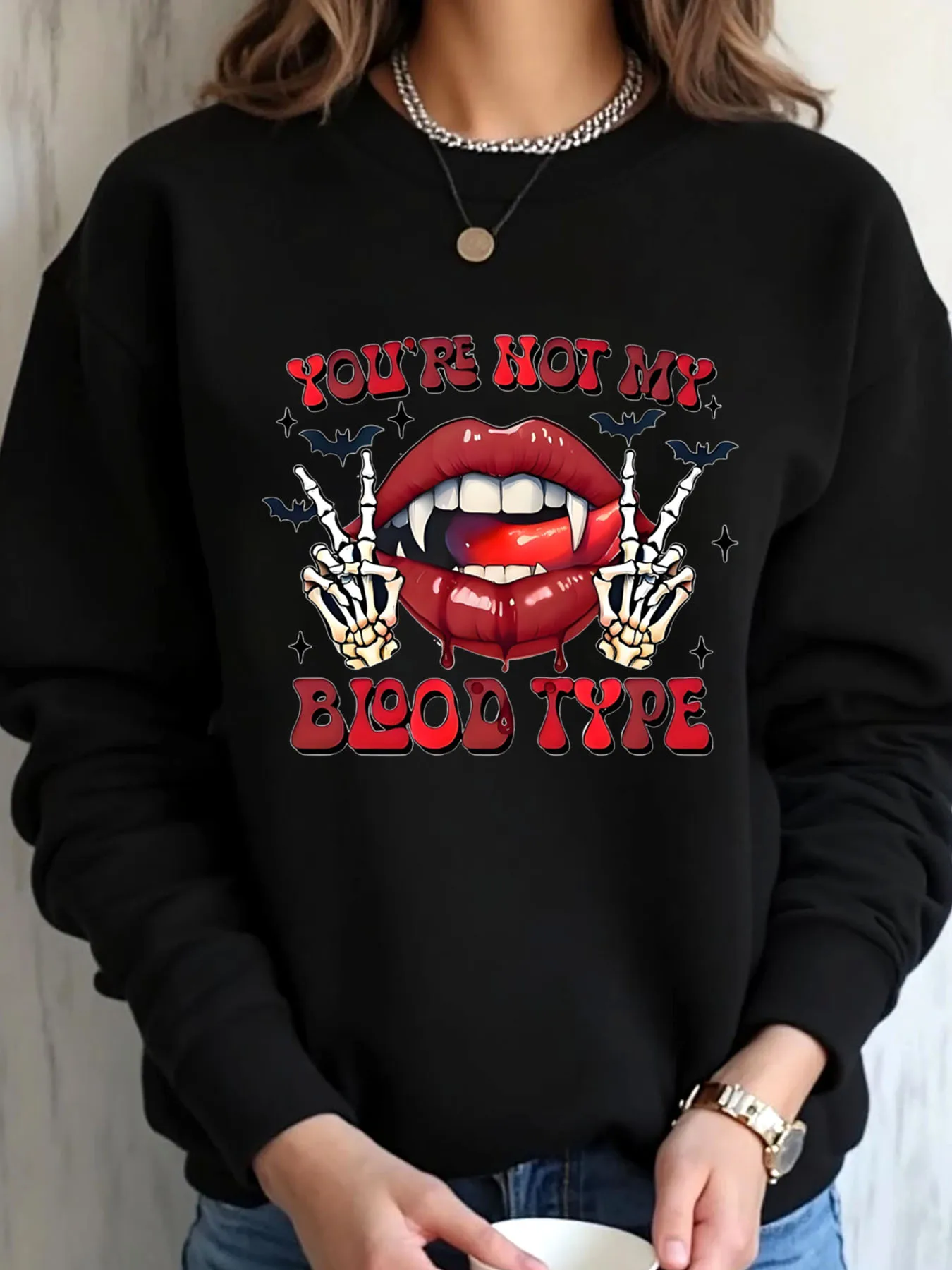 Women Oversized Sweatshirt Halloween Vampire Lips And Skeleton Hands Print Outdoor Wear