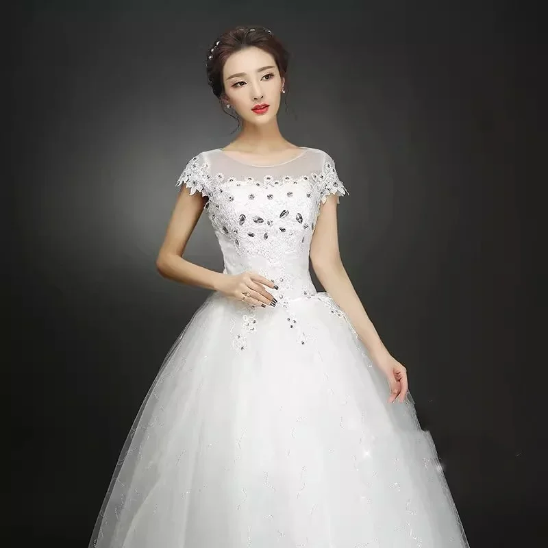 Cheap Wedding Dress Simple White Embroidery Short Sleeve Lace up Princess Floor-length Plus size Bride Ball Gown Plus size XN005